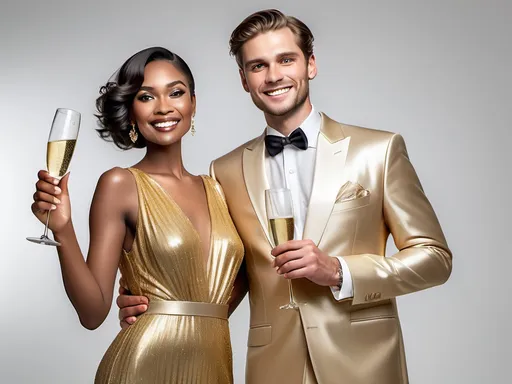 Prompt: A smiling Elegant New year couple in gold dress and glass champagne on a white background, full body