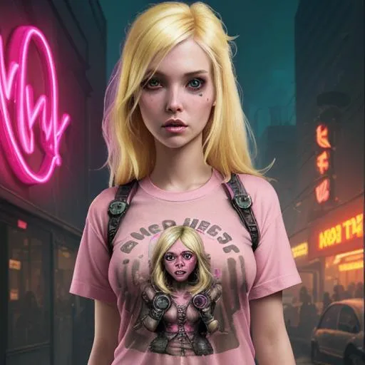 Prompt: blonde girl with pink roseSuper realistic Dystopian steam punk apocalypse with high energy retro hot neon colors and nerdy alien tourist wearing a shirt that reads" ET bones hoes"
