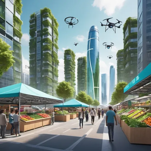 Prompt: A futuristic cityscape blending technology and nature, featuring:

Sleek skyscrapers with vertical gardens
Holographic displays showing AI personal shopping assistants
Drones delivering packages in sustainable packaging
A virtual reality education dome in the foreground
Solar panels and wind turbines integrated into buildings
People wearing AR glasses interacting with their environment
Smart vehicles on clean, tree-lined streets
A vibrant farmers market showcasing personalized nutrition services

Use a color palette that combines cool blues and greens with warm, energetic accents. The style should be semi-realistic with a touch of optimistic sci-fi. Ensure the image has a bright, positive atmosphere that conveys innovation and sustainability.