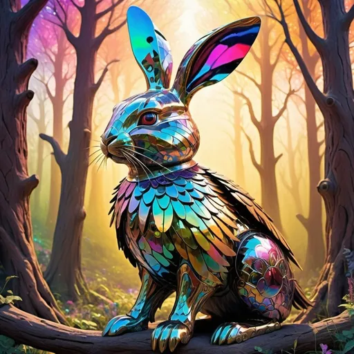 Prompt: Create an image with a psychedelic art style that captures a surreal and fantastical scene: A bunny, adorned in a meticulously tailored suit of armor that gleams with iridescent colors, kneels in reverence. The armor, intricately detailed with swirling patterns and vibrant hues, seems to pulse with a life of its own. Before the bunny stands a majestic hawk, perched regally on a branch, its feathers shimmering with an array of prismatic colors. The hawk wears a crown that glows with an otherworldly light, exuding an aura of royalty and power. The background is a kaleidoscope of swirling colors and abstract shapes, creating a dreamlike, other-dimensional forest. The atmosphere should evoke a sense of awe, wonder, and the profound connection between the animal kingdom, all rendered in a vivid, mind-bending psychedelic style.