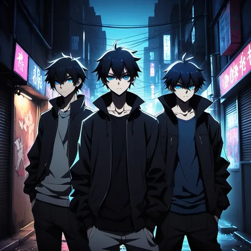 Prompt: In a shadowy, dystopian urban landscape, a trio of anime boys exudes an aura of malevolence and cunning. Clad in sleek, dark attire that blends seamlessly into the night, their piercing eyes glint with mischief and an unsettling intensity. The dim alleyway is illuminated by the flickering glow of neon signs, casting an eerie blue hue on their sharp features. Rain lightly drizzles, creating puddles that reflect the vibrant colors of the surroundings, enhancing the atmosphere of danger and intrigue. One boy leans casually against a brick wall, smirking with a sense of superiority, while another twirls a dagger with effortless grace. The third stands slightly behind, arms crossed, eyes scanning the shadows as if monitoring unseen threats. This scene is captured in a cinematic anime art style, brimming with detailed linework and dramatic lighting to heighten the tension of the moment.