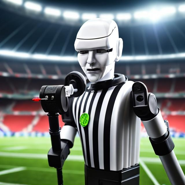 Prompt: A detailed portrait of a robot sports referee in a stadium, complete with stripe referee shirt and whistle, RAW photo, 8k uhd, dslr, high quality, Fujifilm XT3