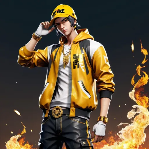 Prompt: make free fire maxim with golden hip hop high res and anime 