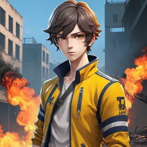 Prompt: Make a boy Anime Boy From free fire and make background from fire
