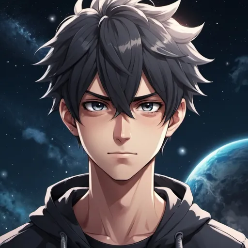 Prompt: Make Anime boy cool and high res and make hd  and wear good looking wears and make angry and change background in good place like universe and park theme and black and some smile
