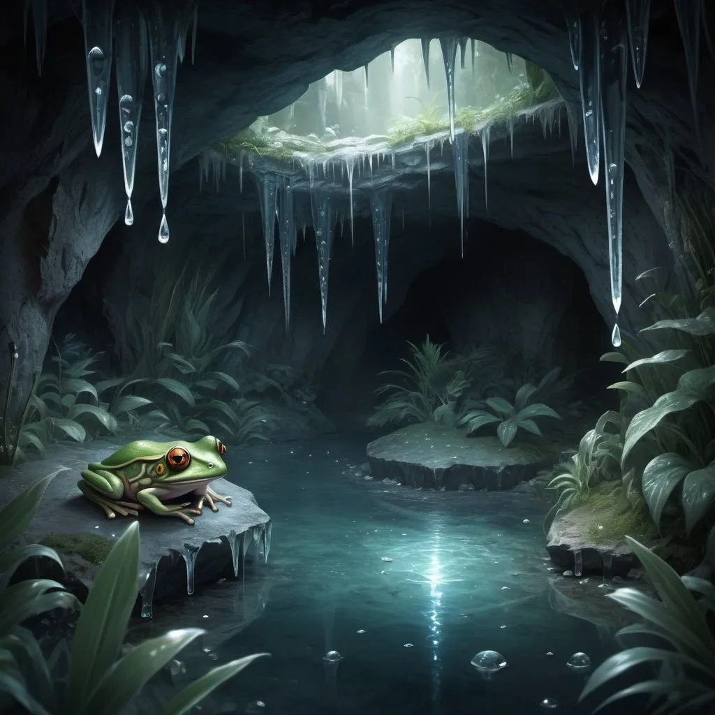 Prompt: Fantasy illustration of a dark cave, icicles, sad frog, three little fairies, palm leaves, magical setting, enchanted atmosphere, detailed textures, high resolution, fantasy style, mystical lighting, emotional scene, fairy creatures, cave setting, dramatic ice formations, teardrops, delicate fairies, interactions, emotional connection, ethereal beings, sorrowful frog, fantasy art, magical realism, detailed environment