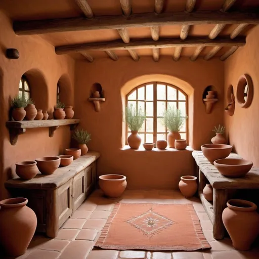 Prompt: "Visualize a rustic room with walls of textured, irregularly shaped adobe clay. The space features exposed wooden beams on a low ceiling, and small windows cast gentle light across terracotta-tiled floors. Rustic wooden furniture, handwoven textiles, and pottery filled with dried herbs enhance the earthy atmosphere, creating a warm, inviting interior."