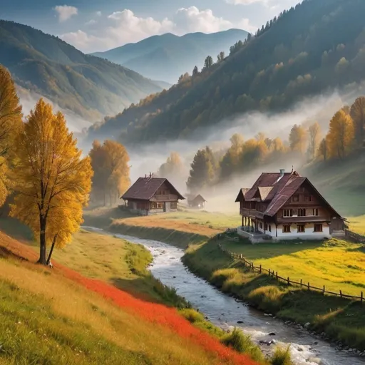 Prompt: "Visualize a breathtaking Romanian landscape, capturing the essence of the Carpathian Mountains during autumn. The scene unfolds with a panoramic view of dense forests in vibrant hues of gold, red, and orange. A traditional wooden house, characteristic of the Romanian countryside, nestles quietly near a crystal-clear mountain stream. The rolling hills in the distance are shrouded in morning mist, adding a mystical quality to the scene. This image not only showcases the natural beauty of Romania but also reflects its rich cultural heritage and the timeless tranquility of its landscapes."