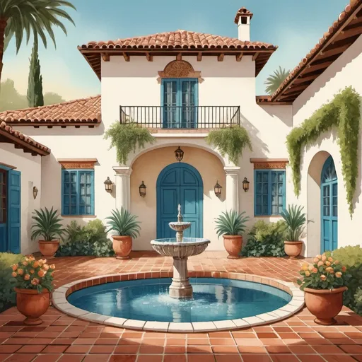 Prompt: Vintage illustration of an Andalusian-style house, white stucco walls, terracotta roof, blue shutters, central patio with mosaic-tiled fountain, lush greenery, fragrant flowers, sparkling pool, vintage style, textured details, warm tones, soft lighting