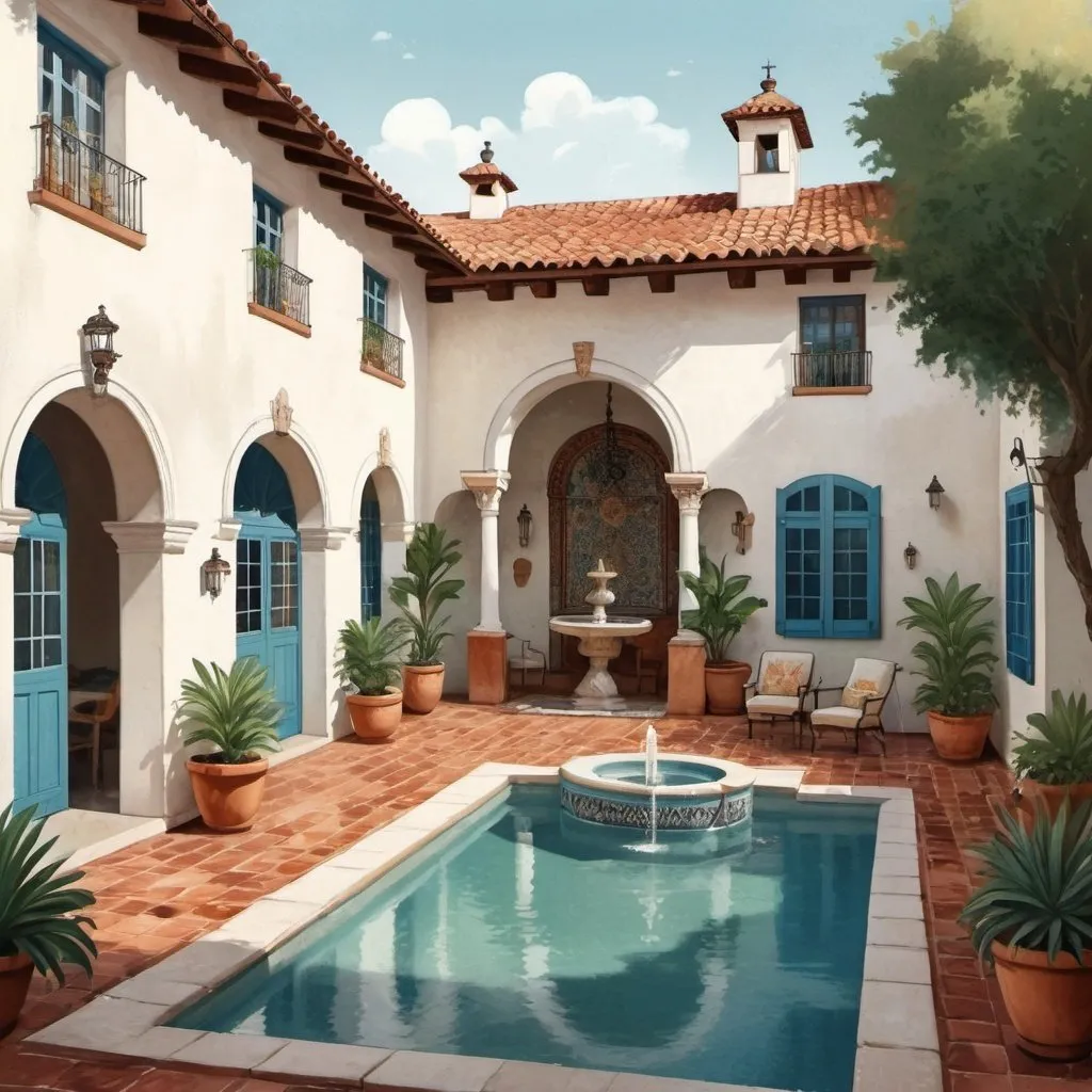 Prompt: Vintage illustration of an Andalusian-style house, white stucco walls, terracotta roof, blue shutters, central patio with mosaic-tiled fountain, lush greenery, fragrant flowers, sparkling pool, vintage style, textured details, warm tones, soft lighting