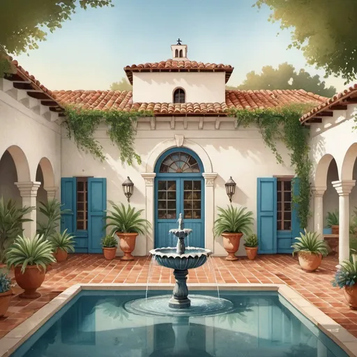 Prompt: Vintage illustration of an Andalusian-style house, white stucco walls, terracotta roof, blue shutters, central patio with mosaic-tiled fountain, lush greenery, fragrant flowers, sparkling pool, vintage style, textured details, warm tones, soft lighting