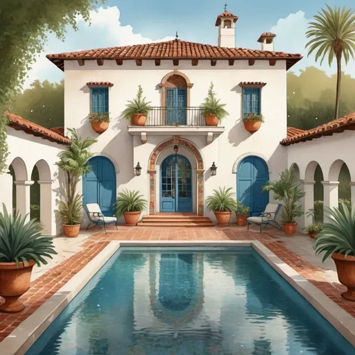 Prompt: Vintage illustration of an Andalusian-style house, white stucco walls, terracotta roof, blue shutters, central patio with mosaic-tiled fountain, lush greenery, fragrant flowers, sparkling pool, vintage style, textured details, warm tones, soft lighting