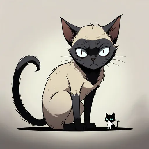 Prompt: 2d dark j horror anime style, a siamese cat sided by a Gremling and worried about it