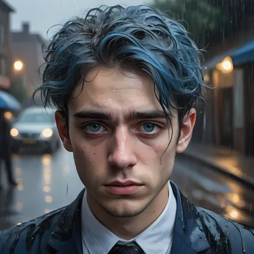Prompt: Portrait of a young man with sad eyes, blue hair, no beard, beautiful almost holy face, wearing a messy suit in the rain, oil painting, dramatic lighting, melancholic, highres, detailed eyes, portrait style, rainy atmosphere, emotional, traditional art, moody, solemn expression, emotional portrait, classic