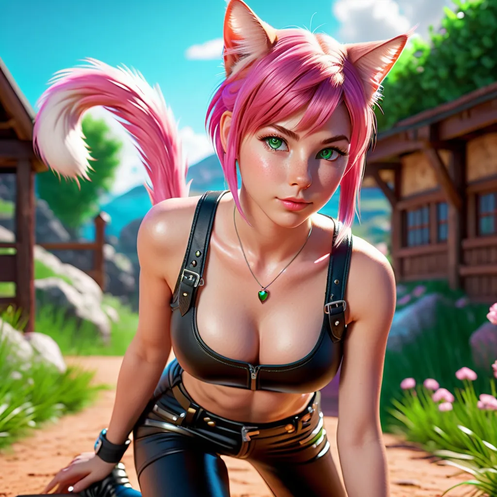 Prompt: 4k, 8k, high quality, high resolution, best quality, best resolution, perfect anatomy, best anatomy, detailed skin, realistic eyes, perfect green eyes, detailed green eyes, detailed background, realistic skin, realistic pores, realistic anatomy, digital art, cinematic style, 3D, Unreal Engine, Masterpiece,  glowing eyes, Cat girl, pink Cat ears, pink cat tail, black leather pants, black leathertanktop, trained girl, muscles, pink hair, short hair, wild hair, messy hair, on all fours, on the plainlands, blue sky, sunshine, medival, fantasy, pale skin, adult