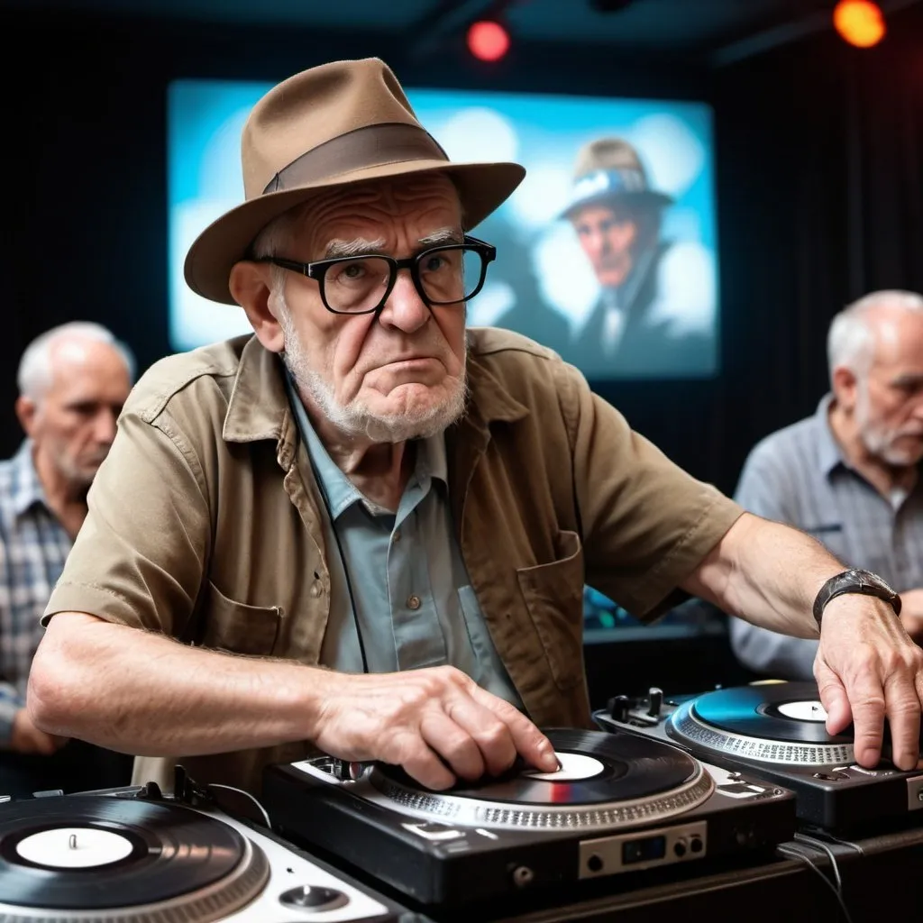 Prompt: grumpy old vet wearing a fedora DJing on large movie screen