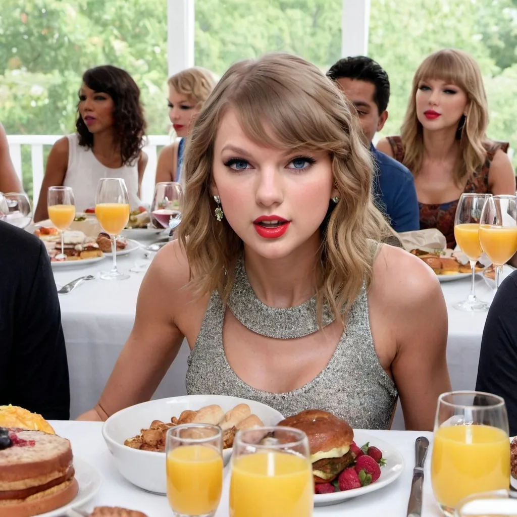 Prompt: taylor swift at a brunch shes alone with lots of food sitting facing forwards