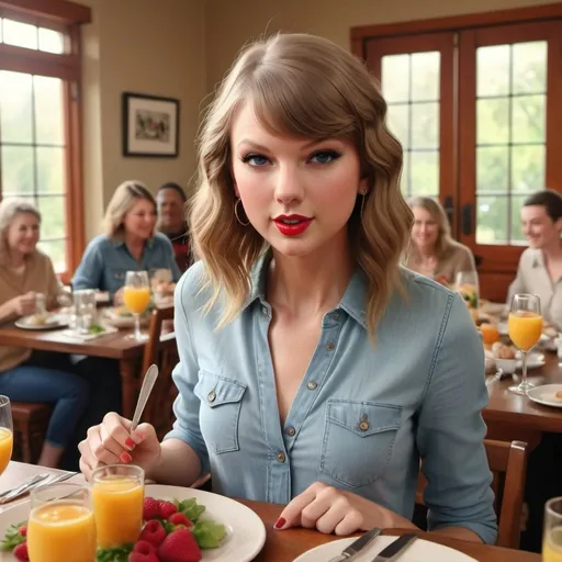 Prompt: taylor swift at a brunch shes alone with lots of food sitting facing forwards