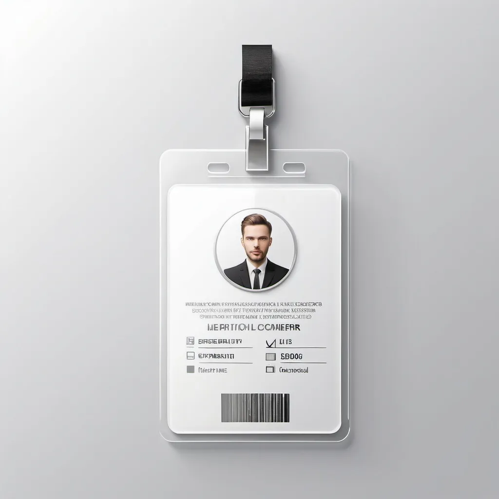 Prompt: Identification white empty blank identification card and transparent plastic badge isolated on white background