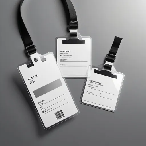 Prompt: Identification white empty blank identification cards set and transparent plastic badges isolated on gray background