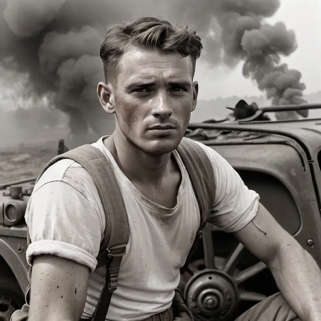 Prompt: A second war soldier near to a broken jeep, he is wearing a white tshirt, its hot  weather, year 1944, and there is a lot of fog and smoke around in the air.