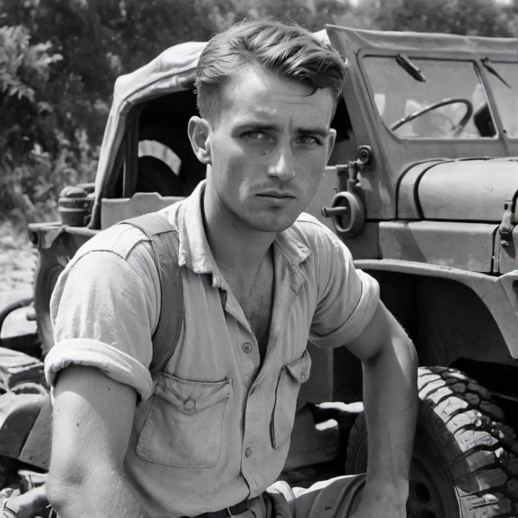 Prompt: A second war soldier near to a broken jeep, he is wearing a white tshirt, its hot  weather, year 1944