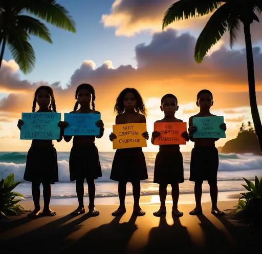 Prompt: Silhouette of (Pacific island Maori children), emphasizing unity and determination, holding signs expressing their views on corruption and confusion, vibrant colors reflecting the tropical environment, a background of lush greenery and ocean waves, warm sunlight illuminating their expressions of hope and resilience, capturing an emotionally charged atmosphere, 