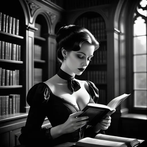 Prompt: dim, afternoon film noir photography, gothic library, 1800, elegant woman reading