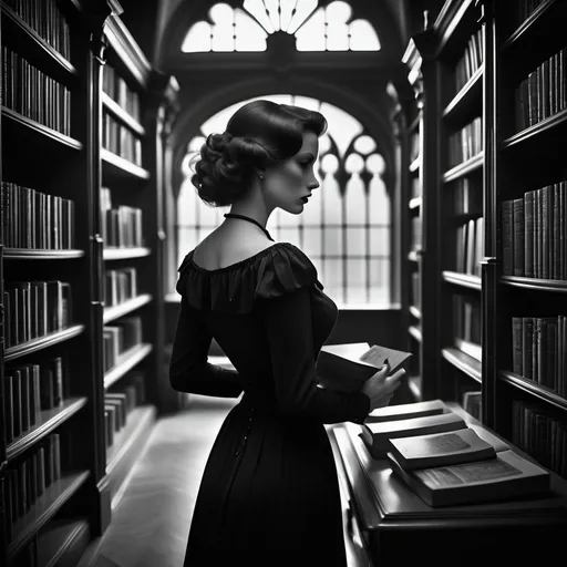 Prompt: dim, afternoon film noir photography, big gothic library, 1800, elegant woman looking at the shelves and grabing a bok