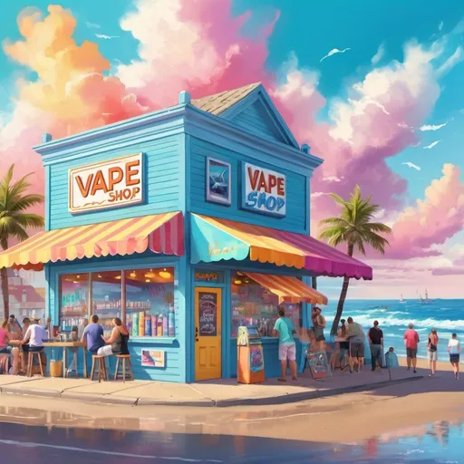 Prompt: Vibrant digital painting of a coastal vape shop, colorful vape clouds, ocean waves crashing, bustling seaside atmosphere, sunny and inviting, high quality, digital painting, vibrant colors, coastal scenery, vape shop signage, people enjoying the beach, sunny day, lively atmosphere, vape shop exterior, detailed architecture, inviting and bustling