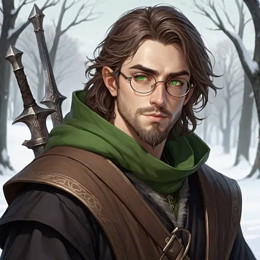 Prompt: Half-elf male alchemist: long brown hair tied in the back, beard, round glasses, green eyes, soft face shape, pointy ears, brown and black winter clothes, Winter background, longsword on the back