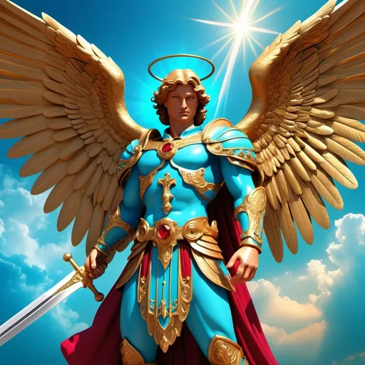 Prompt: Archangel Michael dressed in blue, blue wings, serious manly face, he is accompanied by Archangel Uriel dressed in ruby ​​gold, golden wings, friendly manly face, they have swords, they are looking at the turquoise sky, it is mystical, it transmits love, faith and serenity, celestial background fantasy 3 d