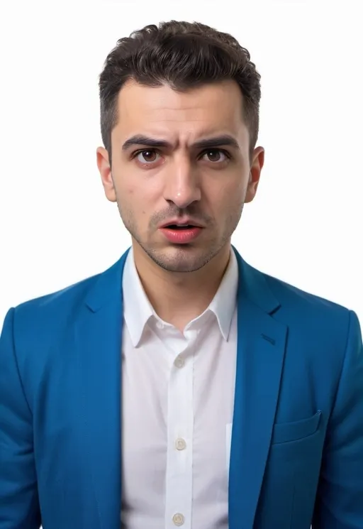 Prompt: a man in a blue jacket and white shirt is making a face with his mouth open and a white shirt underneath him, Fikret Muallâ Saygı, hurufiyya, professional photo, a character portrait