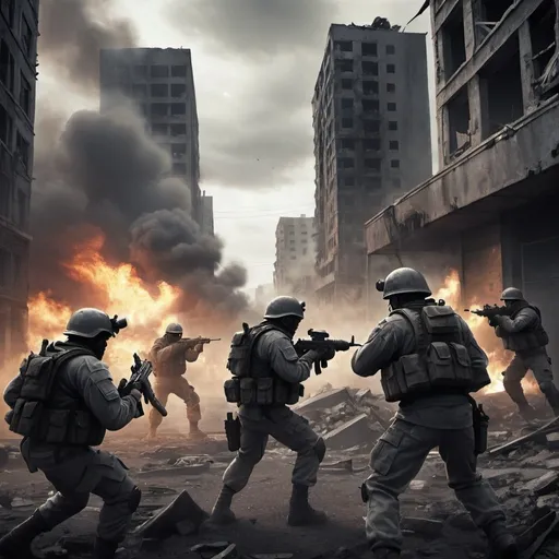 Prompt: "Create a gritty and intense war scene for the game 'Gray Zone Warfare'. The image should depict a post-apocalyptic urban battlefield with destroyed buildings, smoke, and fire in the background. Soldiers in heavy armor with determined expressions are engaged in intense combat, using advanced weaponry. The atmosphere is dark and foreboding, with a cloudy sky and dust filling the air. The color palette should be muted with shades of gray, black, and brown to emphasize the bleakness and severity of the environment. Include realistic details such as debris and environmental damage to enhance the sense of danger and conflict."
