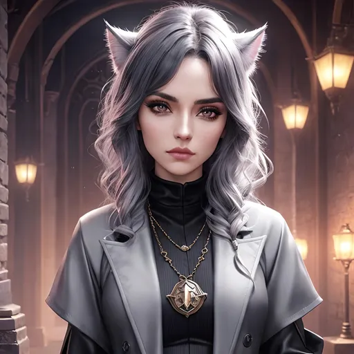 Prompt: Dnd, felinid, female, Vander from Arcane, wearing detective clothes, skinny little body, gray eyes, black long hair, tired, 23 years old, gloomy setting, 8k, HD