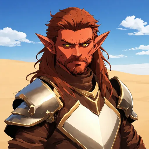 Prompt: Young adult male hobgoblin.  Very dark red-brown skin.  Broad flat nose on regal face.  Very dark circles around eyes.  Lithe body.  5’11” in height.  Long flowing copper hair. Long elven ears with simple piercings.  Caramel colored half plate armor that fades to pale yellow at edges.  Yellow irises in black eyes.  Dour look on face.  White Desert garb beneath armor.