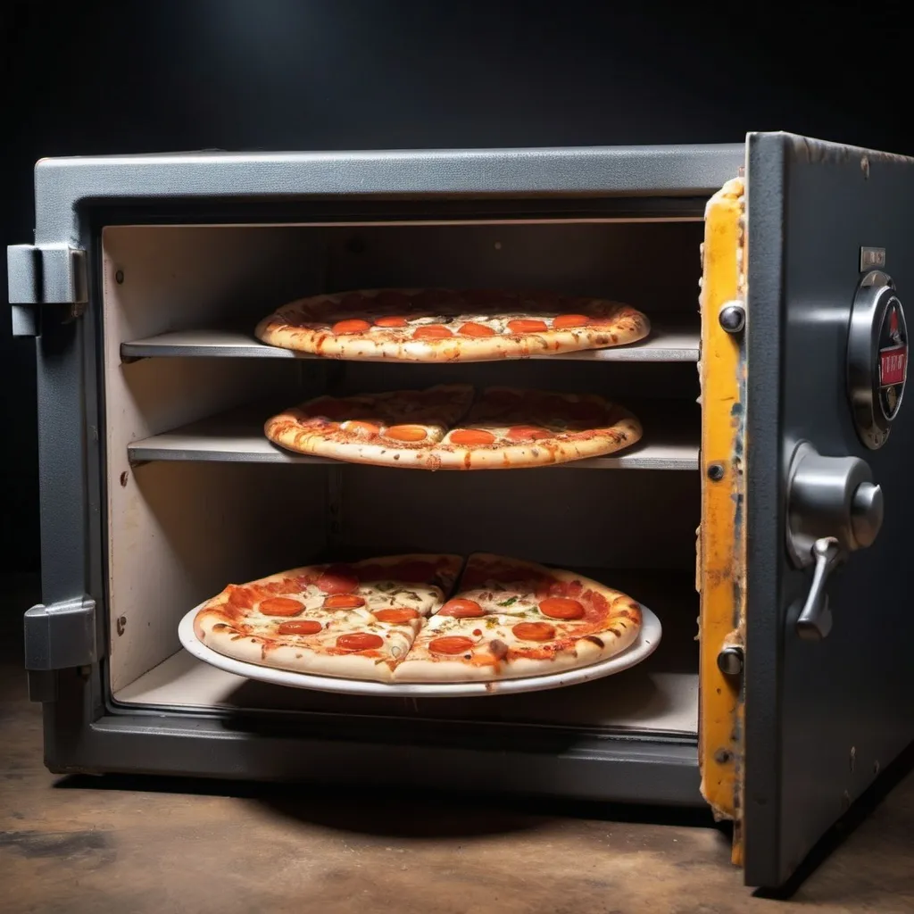 Prompt: a safe full of hot pizza