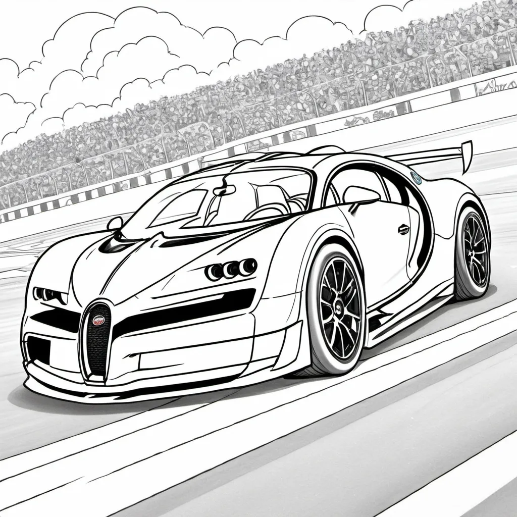 Prompt: The character is a cartoon car. 

the character is a Bugatti Chiron Super Sport 300 model car.

The character is running a race on a circuit

We can see it in first person

It's a wide shot, we see the main character and behind him other cars in the race. We also see parts of the circuit and the grandstands. The sky is clear but there are some small clouds.

The style is similar to the Pixar movie CARS but should not be a copy of the main characters. It must be in coloring book mode, in black and white.

