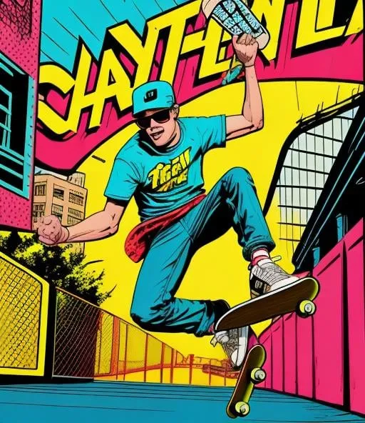 Prompt: Cool-toned digital illustration of a geek pretending to be a cool skateboarder, realistic style, vibrant colors with a pop art feel, retro cityscape background, exaggerated poses and expressions, high energy, dynamic motion blur effects, detailed facial expressions, street art, best quality, highres, vibrant colors, comic book style, retro, dynamic poses, exaggerated expressions, energetic, detailed facial features, street art, playful lighting