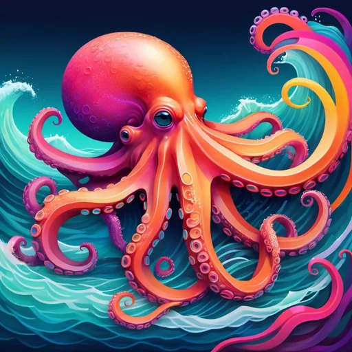 Prompt: Ocean based illustration colorful waves, neon realism style, layered, soft rounded forms, subtle gradients, bold patterns and an octopus with bright colors
