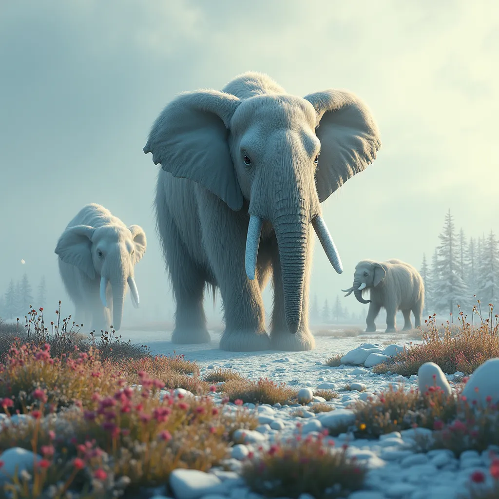 Prompt: A Long Hair Elephant  living in iceage
with his companions with the background of flowers field
