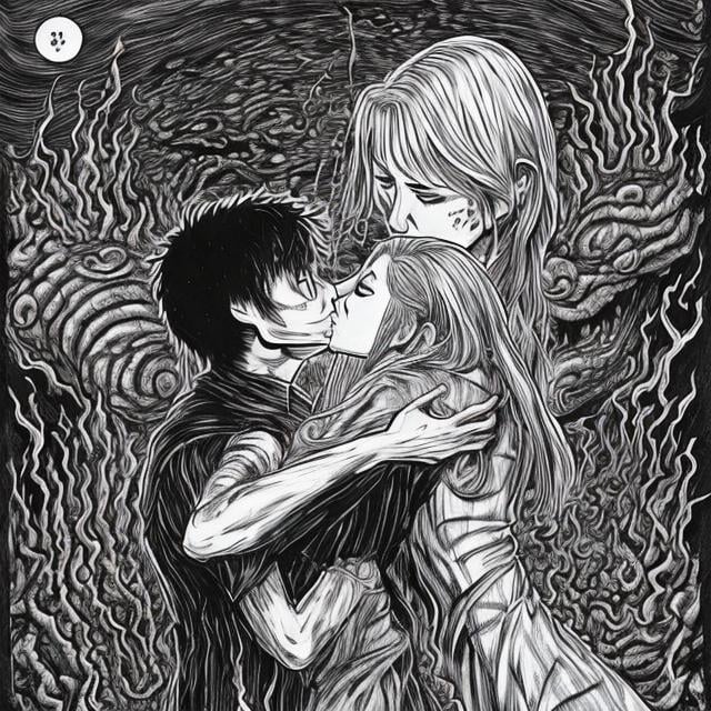 Prompt: junji ito inspired artwork of buffy summers and spike, kissing, surrounded by fire in black and white. season six vibes. mezmerizing. haunting.