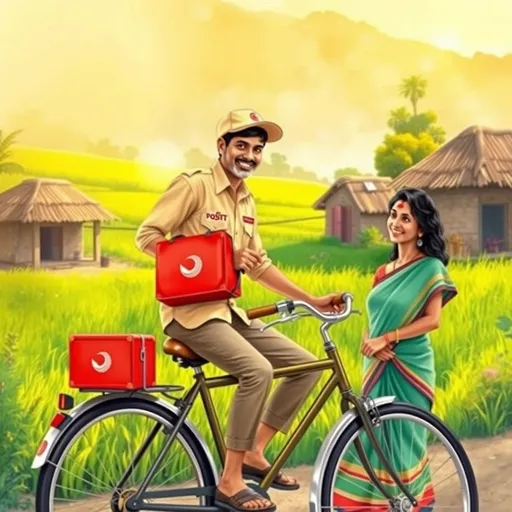 Prompt: Postman dressed in Khaki uniform of India post sitting on a bycycle with Red bag  printed Indiapost Logo on uniform and red delivery bag  background imagination of vibrant rural India delivering letter to a women with smile