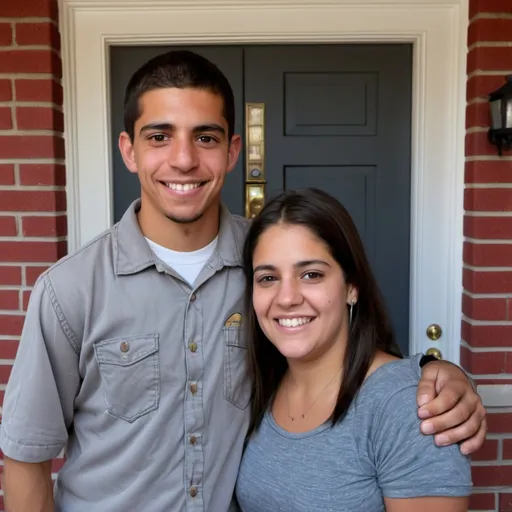 Prompt: una pareja joven clase trabajadora  de 25 a 30 anos decendencia latina viviendo en estados unidos, en una casa recien comprada ellos parados en la puerta y se ve la casa con cara feliz