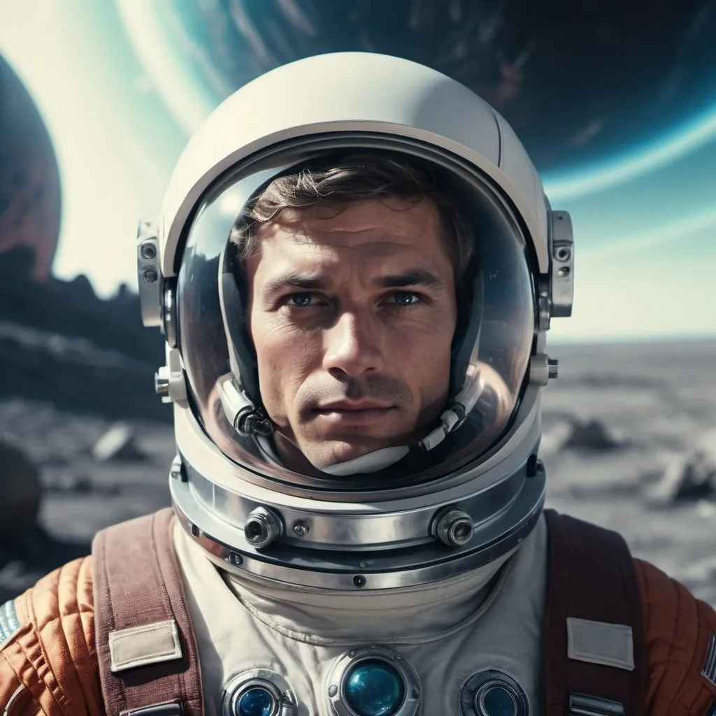 Prompt: photo portrait, gorgeous male astronaut, cinematic still cut, looking at the camera, center positioned, slightly smile, best quality, mater piece, moody, refined, reflective helmet, retro-futurism,the background of a planet being destroyed in the vast universe, dystopia, futuristic spacesuits