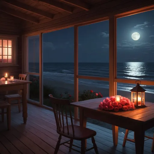 Prompt: The dark sea is bathed in the white moonlight, the sky is dark because it's night but the moonlight is very bright. There are light waves on the sea. On the right side of the scene is the sea and the beach, while on the left side stands a wooden house facing the sea. The house has a porch with two wooden chairs and a wooden table. On the table, there is a glass vase with roses. The house is covered with red, pink and champine color roses, and warm orange candlelight shines through the windows.  Behind the wooden house, in the distant background, are dense woods. The perspective is from the outside. The ocean dominates more of the scene than the house. The vibe is romantic