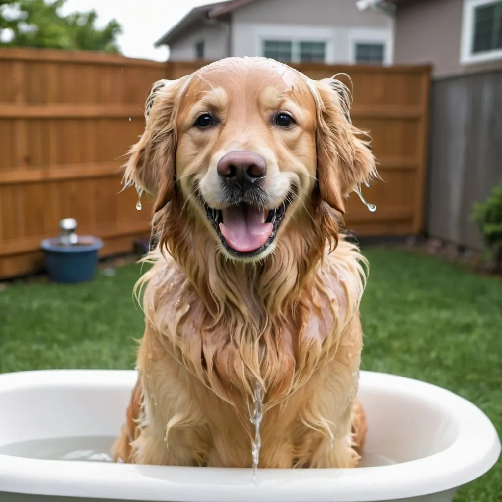 Prompt: happy wet golden retriever  in bathtub in backyard