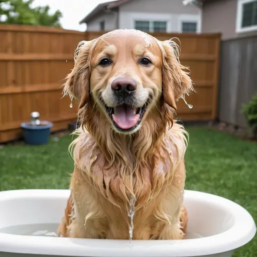 Prompt: happy wet golden retriever  in bathtub in backyard