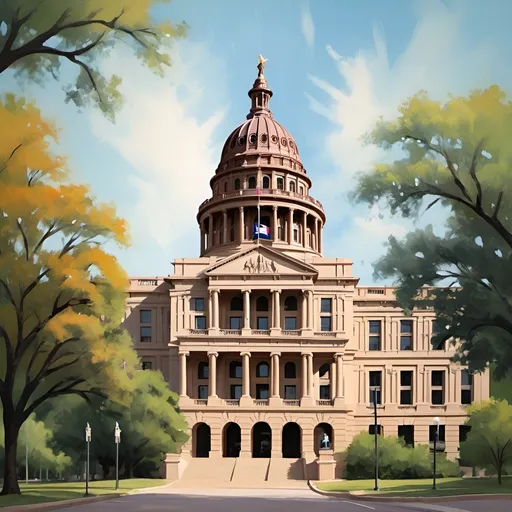 Prompt: Create a painting background for Austin city, only focused on the Texas State Capitol. Ensure the architectural integrity of these structures is maintained. The color palette: #00B140 for bright verde, #000000 for black, and #FFFFFF for white. The artwork should be vibrant and youthful, suitable for a young audience, and should not include any human figures. The use of bright green and black should be prominent, with smooth gradient effects. The overall composition should be dynamic and visually appealing, capturing the energy of a modern cityscape