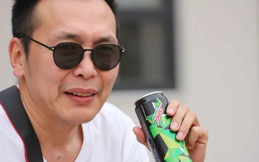 Prompt: a man wearing sunglasses holding a can of soda and looking at the camera with a surprised look on his face, David Diao, dada, katsuhiro otomo, a stock photo